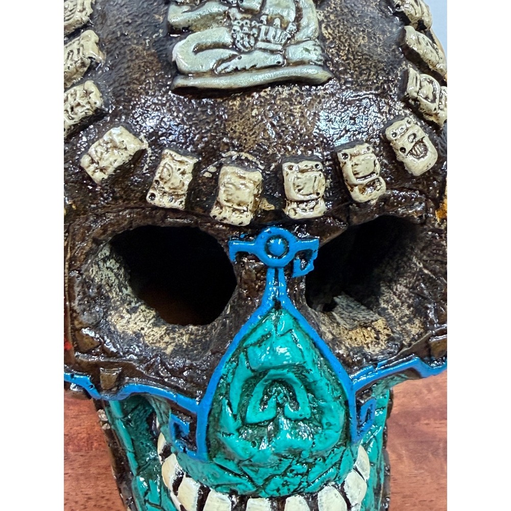 Aztec Mayan Skull Resin Sculpture Calavera Folk Art Day of the Dead Turquoise - Picture 8 of 14